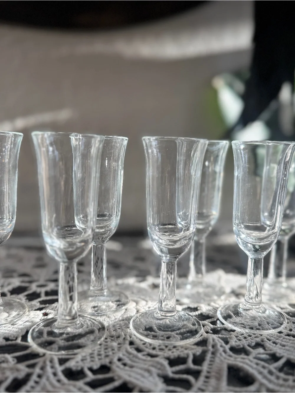 Set of 7 Vintage Clear Cordial Glasses | Small Stemmed Liqueur Glasses - barcart
